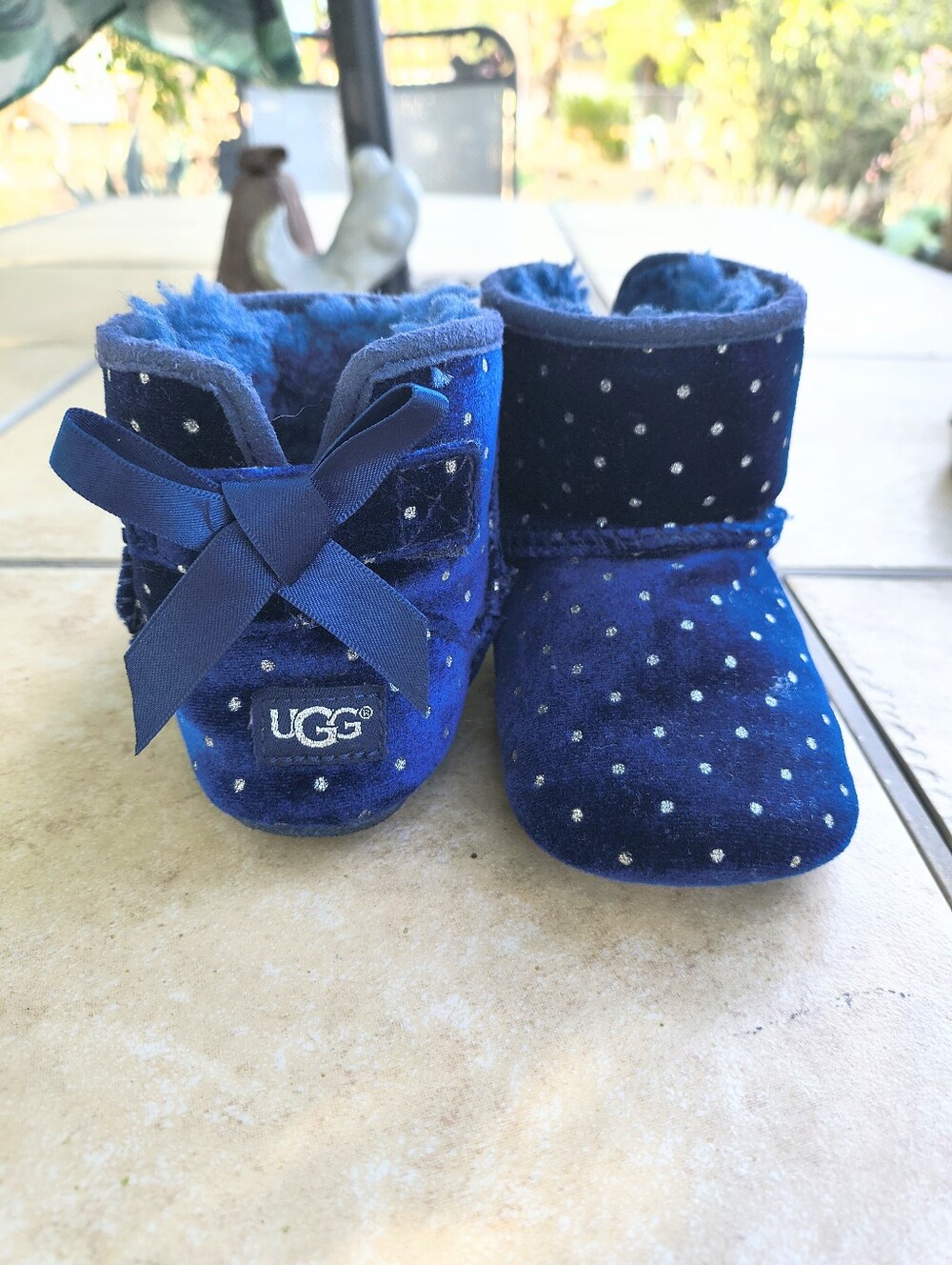 UGG Kids Bailey Bow Starlight Navy Blue Velvet Polka Dot Booties with Bow